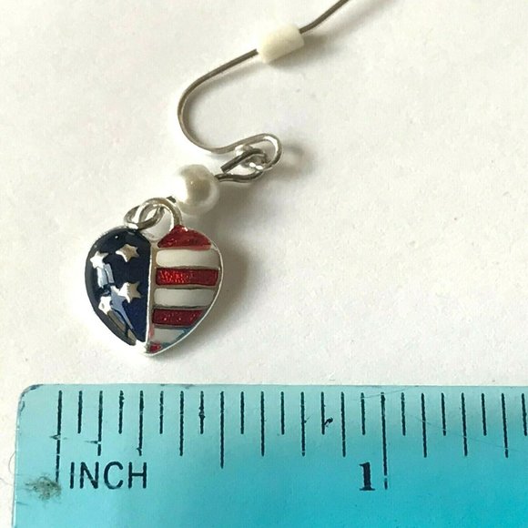 USA American Flag Heart Earrings Stars Pearls Patriotic July 4 Silver Plated - Picture 8 of 8